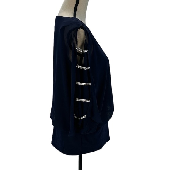 MSK Short Sheer Cut Out Bejeweled Sleeve Blouse - Navy Blue - size PLarge - Picture 2 of 11